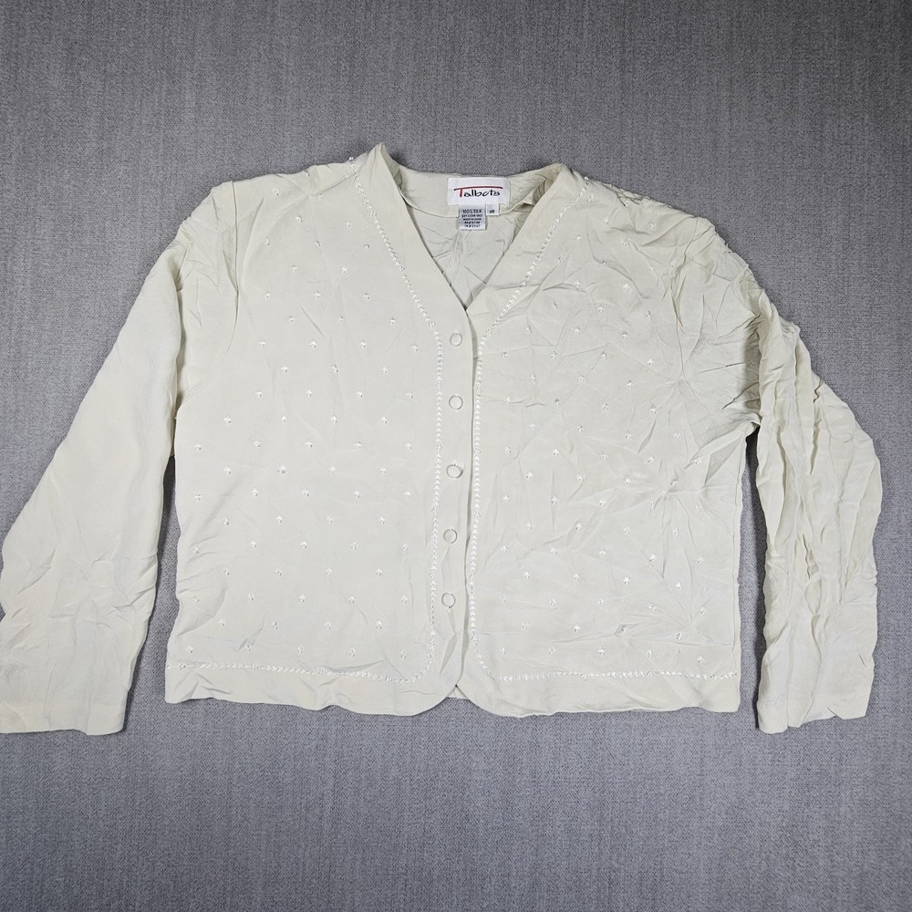 Talbots Women's Blazer 100% Silk Beige Long Sleeve Beaded Sz 16